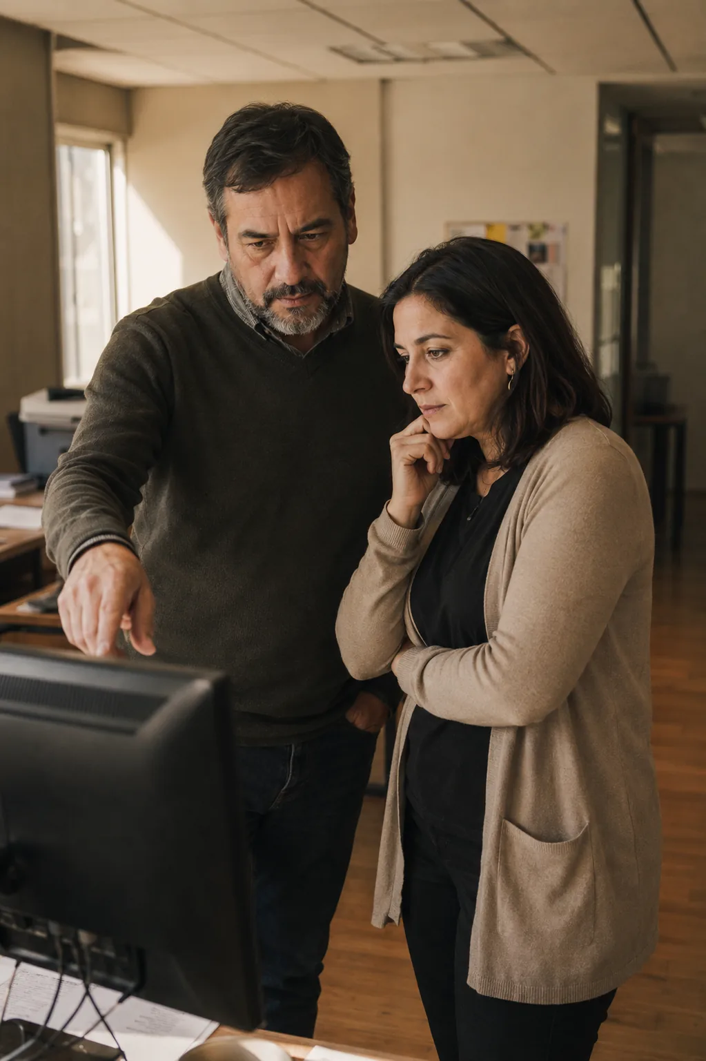Dos personas de un equipo de recursos humanos revisando de pie el reporte de un curso en el monitor.